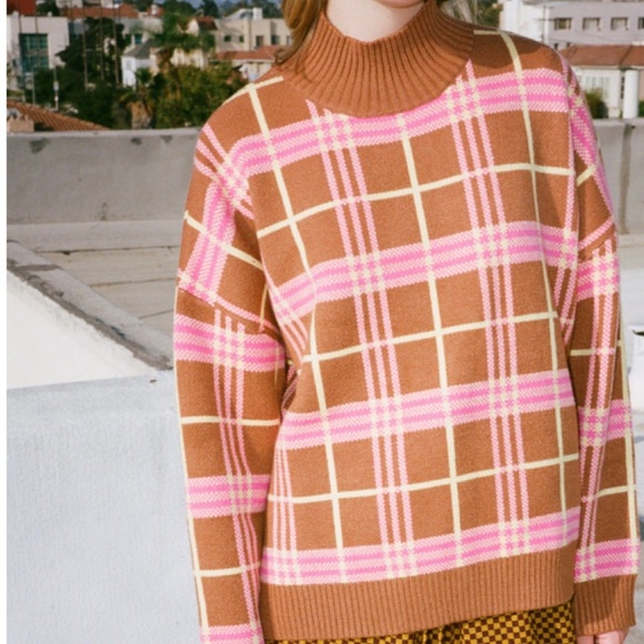 Lisa Says Gah Sweaters - Lisa Says Gah Willa Sweater, Pink/coffee Plaid